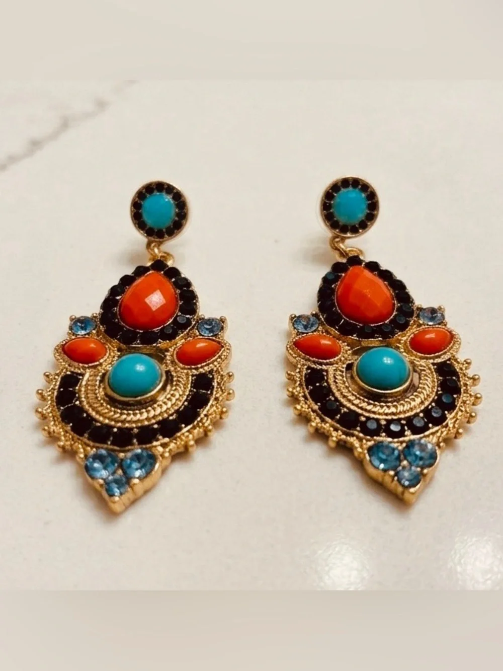 Boho Glam Statement Earrings | Orange, Turquoise & Black Crystal Drop Earrings